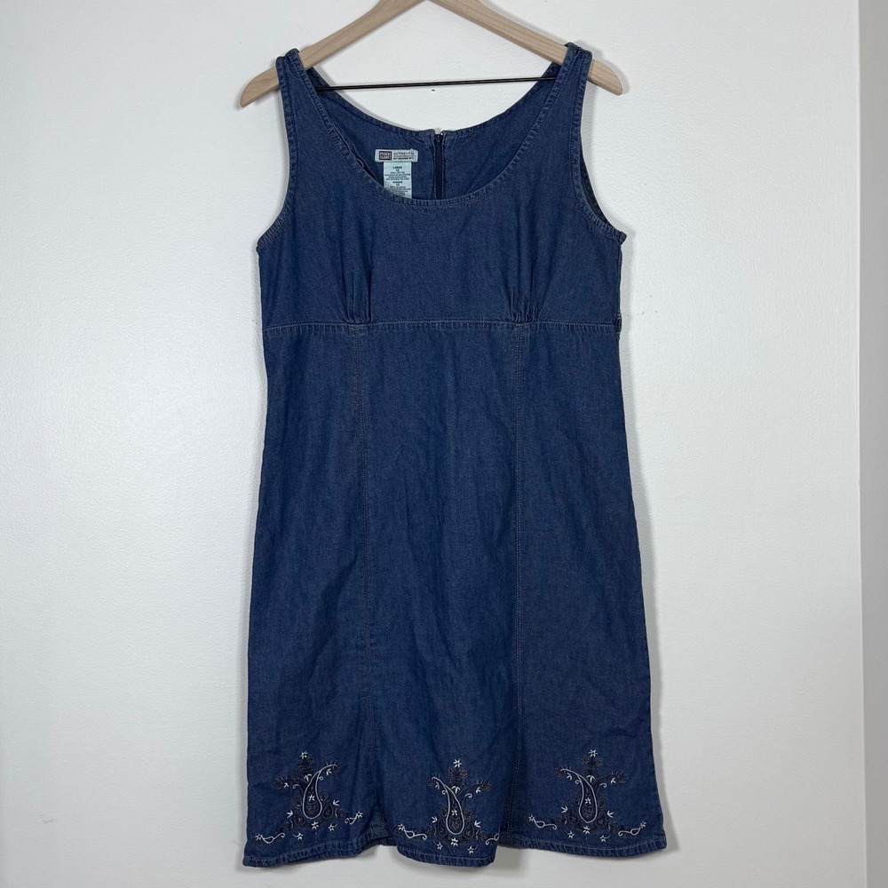 Vintage Y2K Faded Glory Women Denim Dress 12 Blue Sleeveless Embroidered Hem